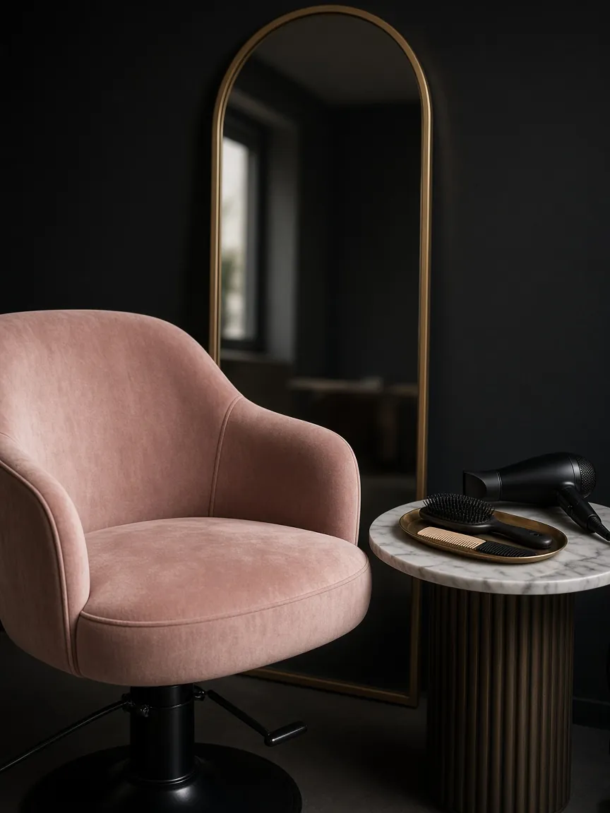 Blush velvet styling chair beside an arched brass mirror and a marble side table with brushes