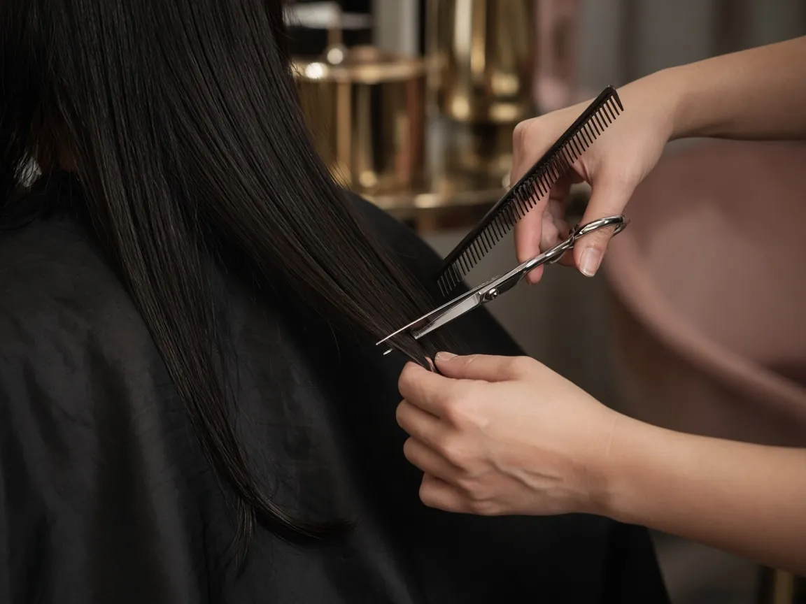 Stylist trimming the ends of sleek dark hair with scissors and a comb