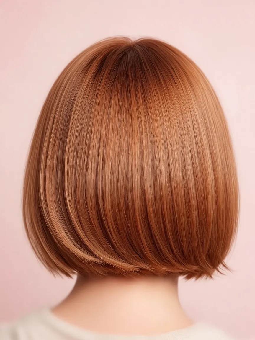 Glossy copper bob haircut seen from behind against a blush background