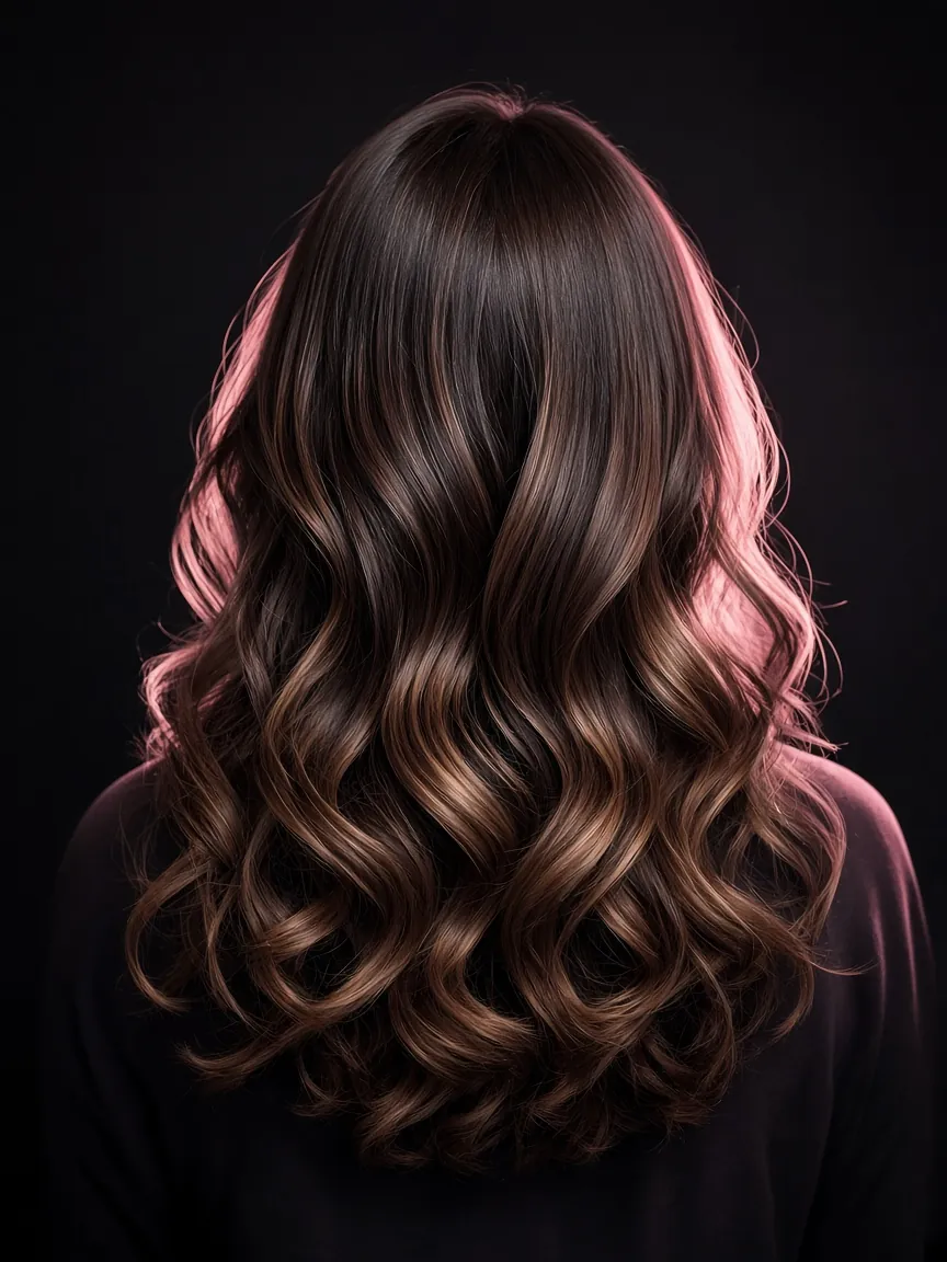Long brunette hair with soft balayage waves, seen from behind
