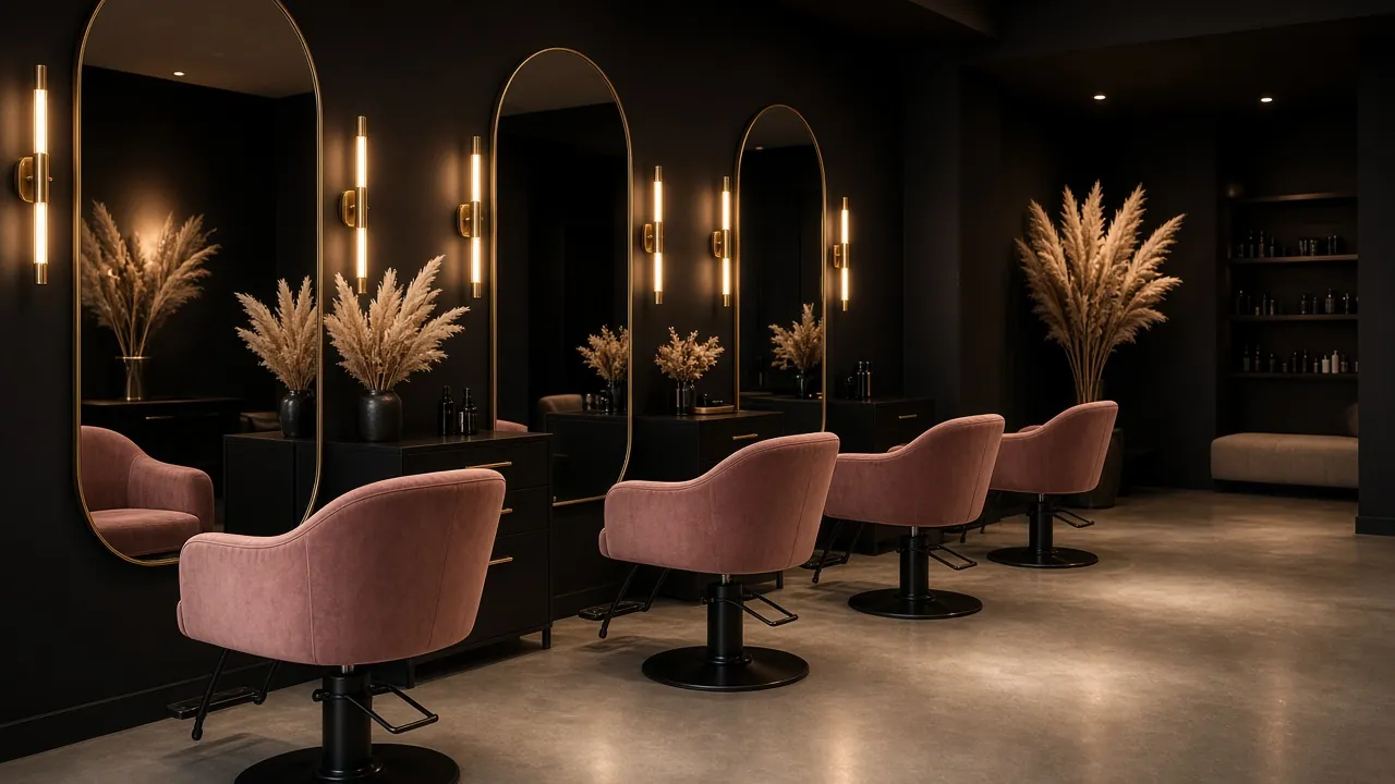 Salon interior with blush velvet chairs, arched mirrors and brass wall lights